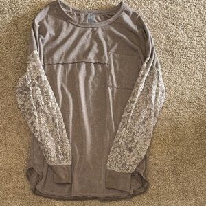 Lace Sleeve Crewneck Top Toffee Brown Honeyme